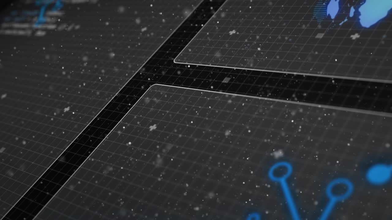 Camera panning, HUD tiles revealing network data and globe fragment while particles thickening