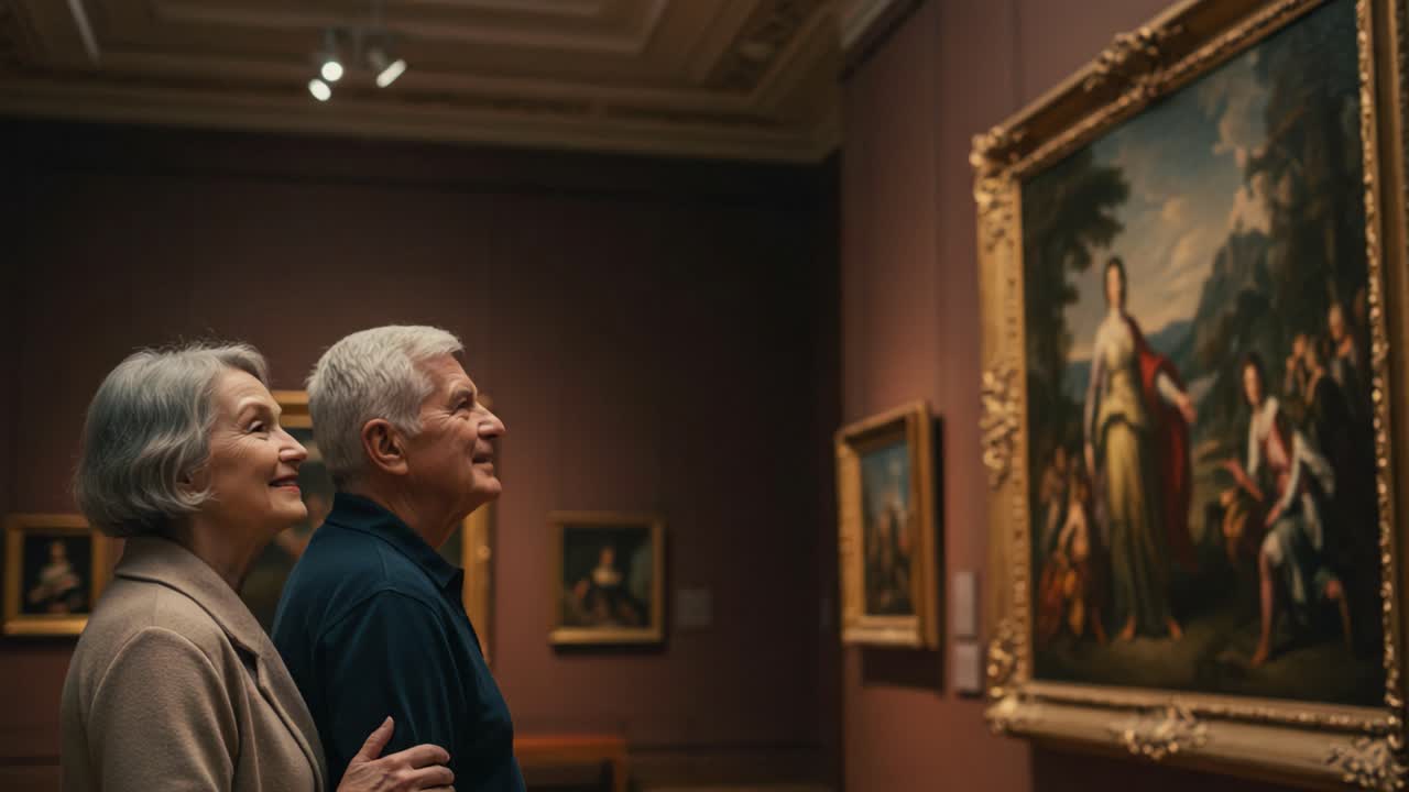 A Heartwarming Moment in an Art Gallery: An Elderly Couple Appreciating Beautiful Paintings Together, Evoking Emotion and Connection in the World of Art