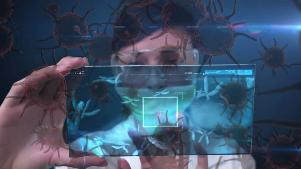 animación de un científico que usa una máscara de protección con células de coronavirus.