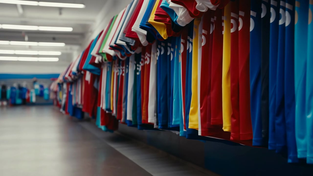 Low angle retail scene showing crowded rack of hanging sports jerseys and shirts in vivid colors, with clear fabric folds, stitched seams, sleeves, hems, printed numbers, and organized apparel