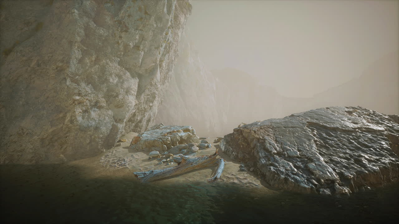 깊은 안개 속의 모래 해변과 함께 바위 절벽