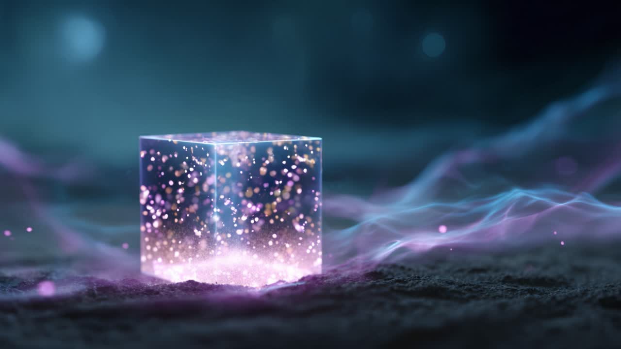 Fascinující zářící krychle obklopená barevnými světelnými stopami, jiskrami a éterickou energií, vytvářející podmanivou mystickou atmosféru v temném prostředí