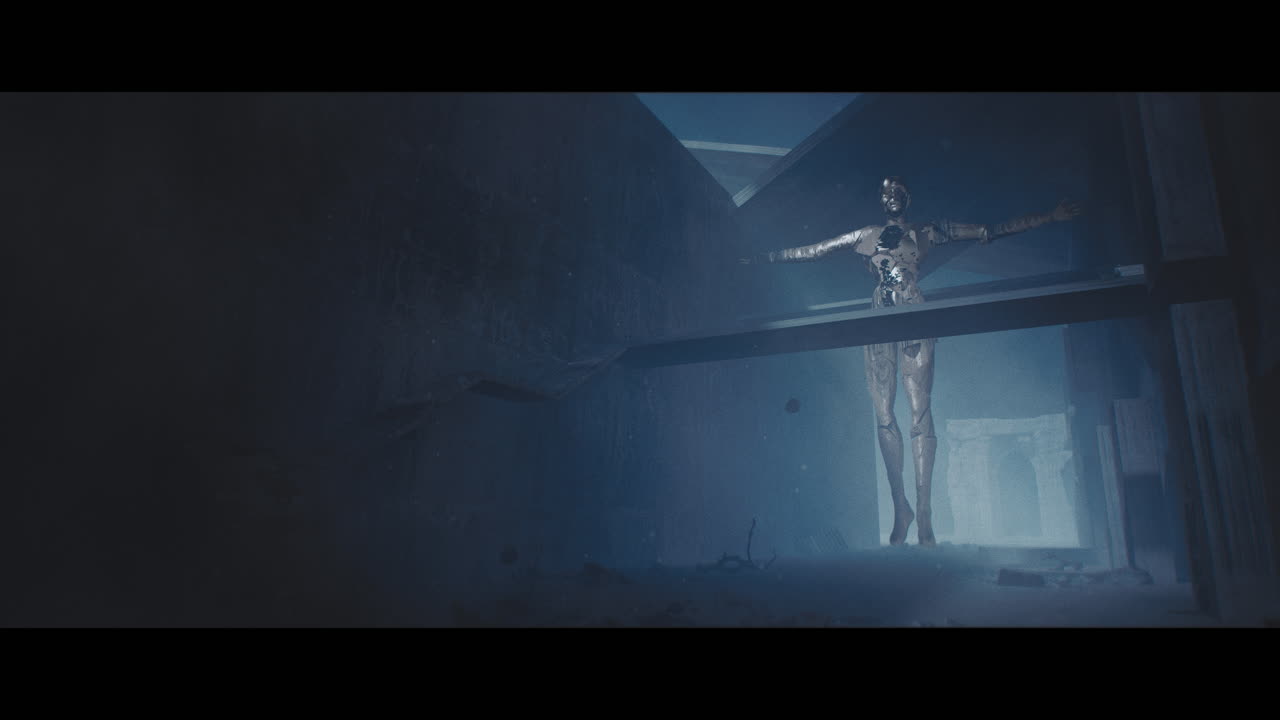 Floating android in a desolate, futuristic structure
