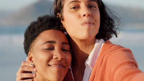 lesbian, selfie and lgbt couple at the beach