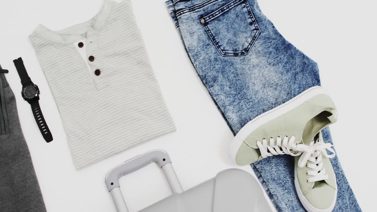 Close up of suitcase with travel clothes with copy space on white background