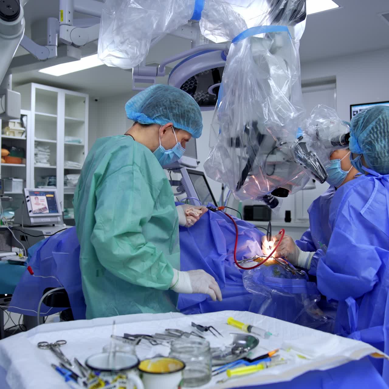 Surgical assistants standing at the little table with instruments and tools. Professional neurosurgeon uses tools looking at the microscope