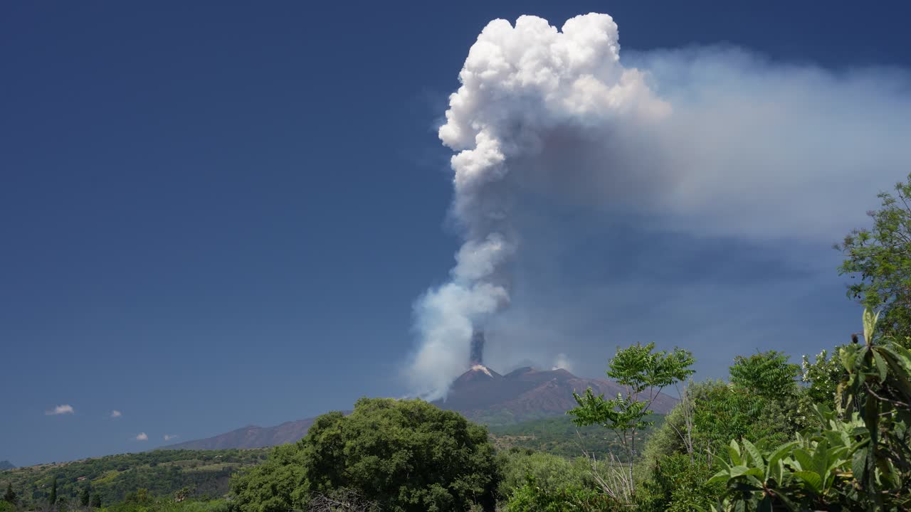 Timelaps shot of big smoke, cloud during eruption of Mt. Etna, Volcano in Sicily, Italy