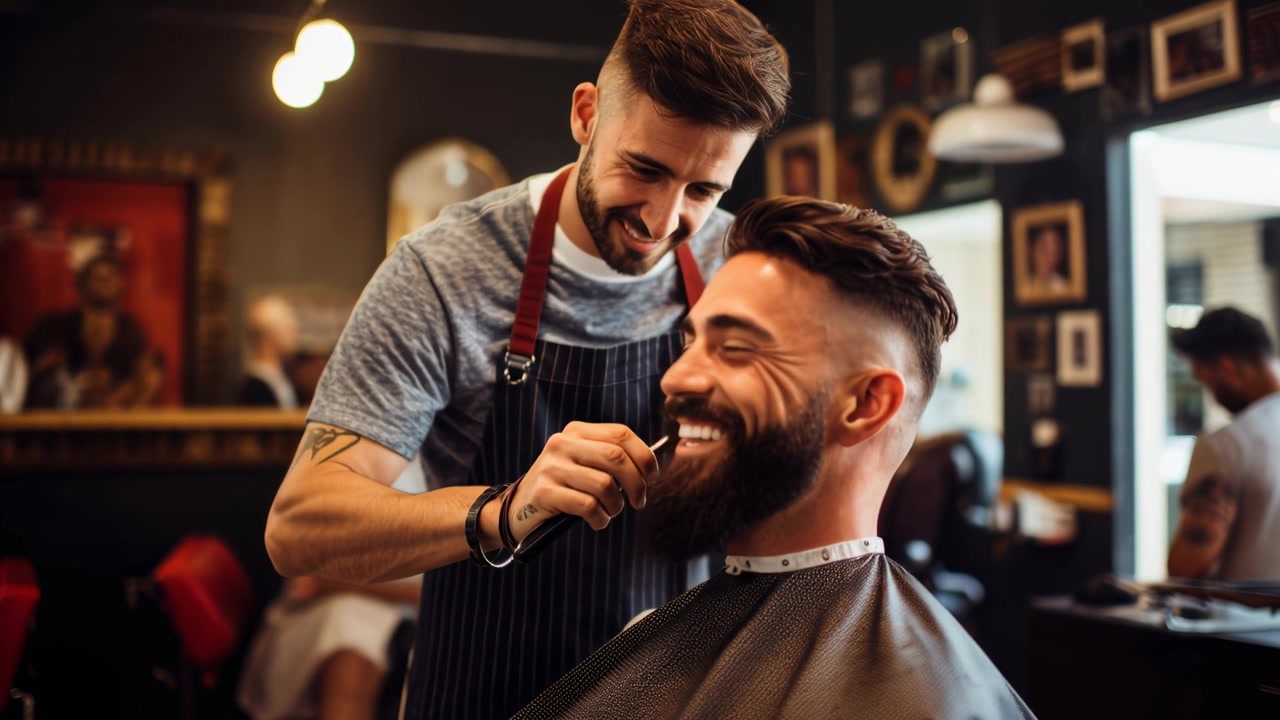 Barbeiro Profissional Aparando a Barba de Cliente Sorridente em Barbearia