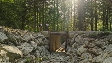 two hikers explore a peaceful forest trail with sunlight streaming through the trees