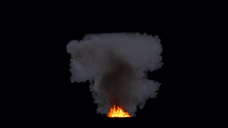 Realistic fire with dark smoke on transparent background