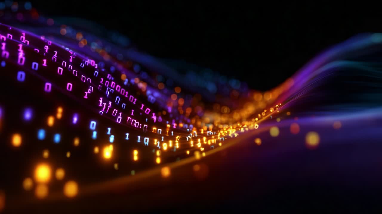 A dynamic display of glowing binary code cascading through a digital landscape, showcasing the vibrant interplay of lights and data, illustrating the beauty of technology in motion and transformation