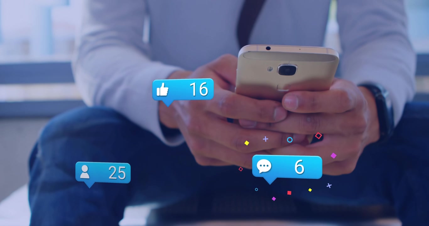 Animation of clouds and digital icons over man using smartphone