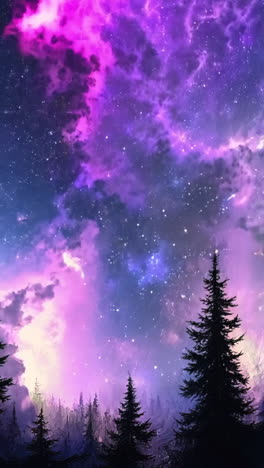 a purple sky with clouds and trees. the trees are dark and the sky is full of stars