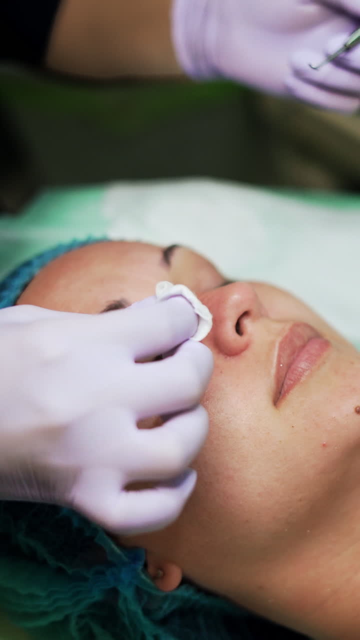Pore cleansing in the beauty salon. Caucasian female is having the procedure of blackheads removal with the help of cosmetologist tool. Top view. Vertical video