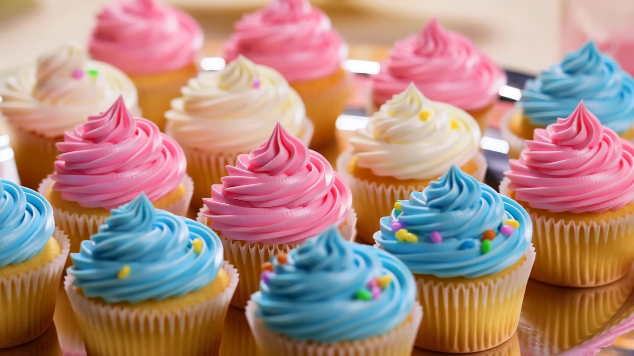 Magdalenas coloridas con glaseado rosa y azul, cupcakes de vainilla pastel emplatados con cobertura en espiral y arcoíris