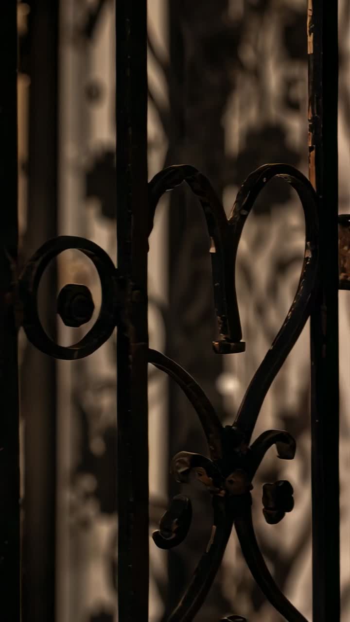 Vertical video: Panning camera revealing iron gate at entry to show texture, low light shadows