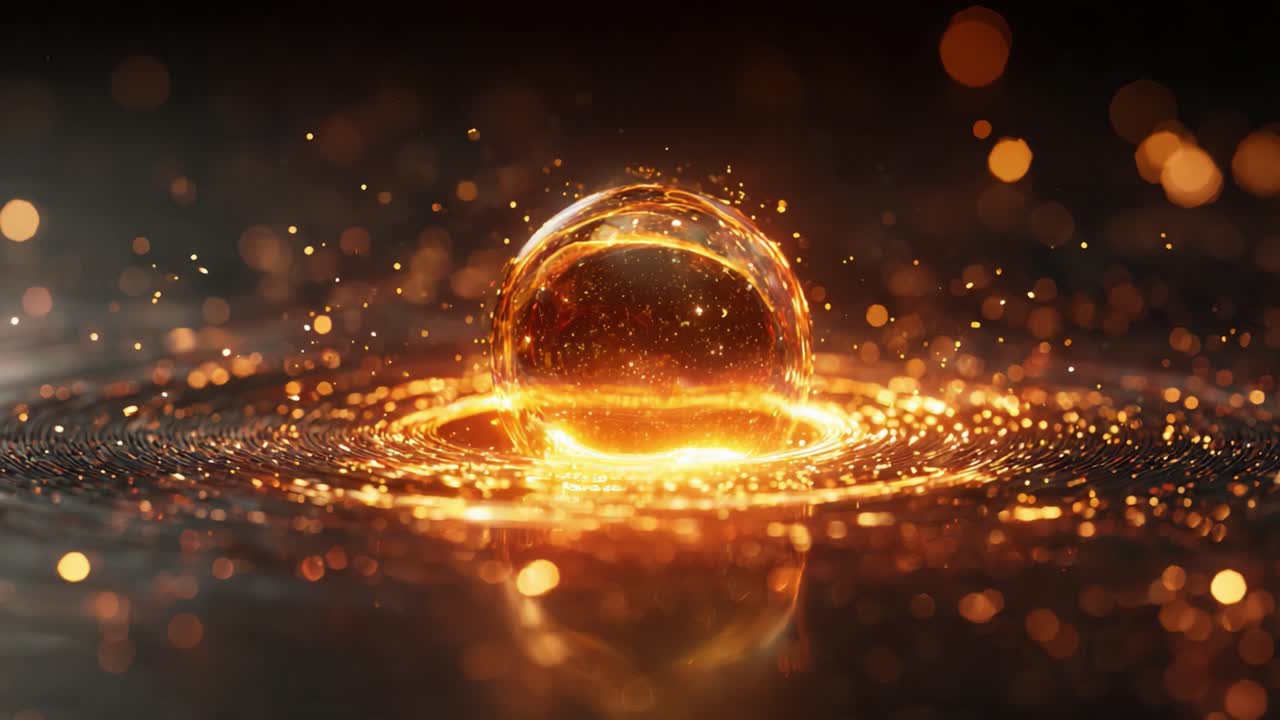 An Ethereal Moment in Time: A Delicate Bubble of Light Floating Above a Rippling Surface, Surrounded by a Golden Halo of Sparkling Particles, Capturing the Essence of Transience and Beauty
