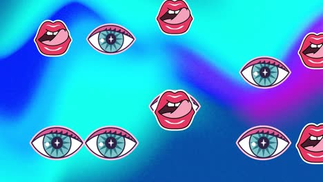 Animation-Von-Augen--Und-Lippensymbolen-Auf-Blauem-Hintergrund