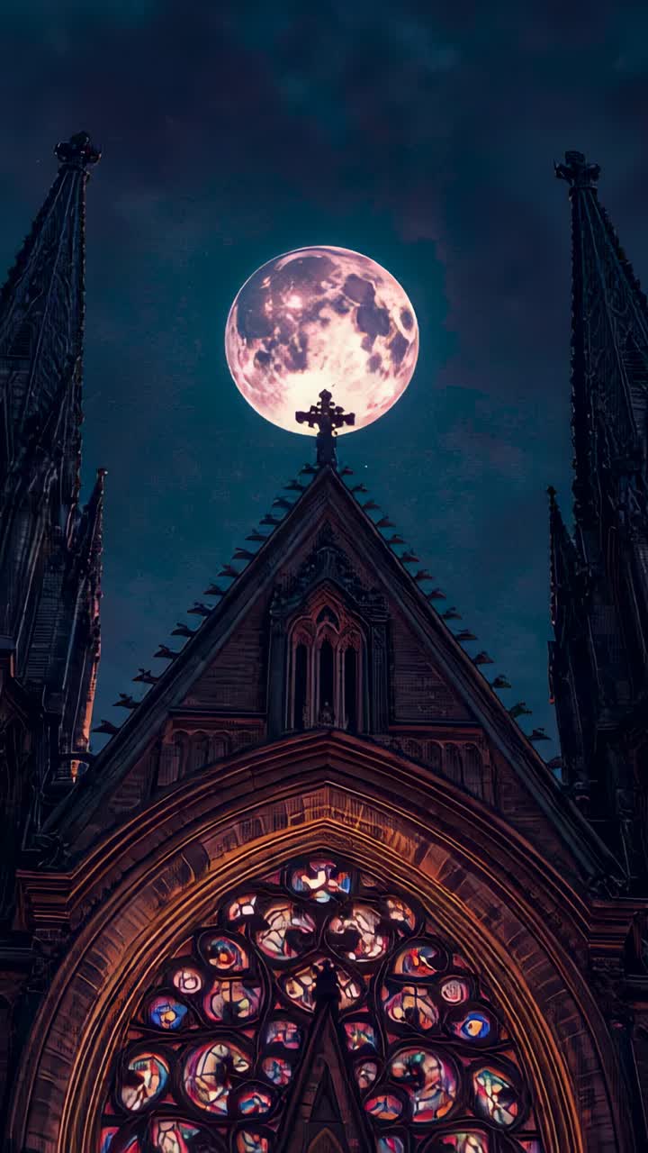 Vertical video: Shifting full moon settling above apex cross at night, lighting rose window spires