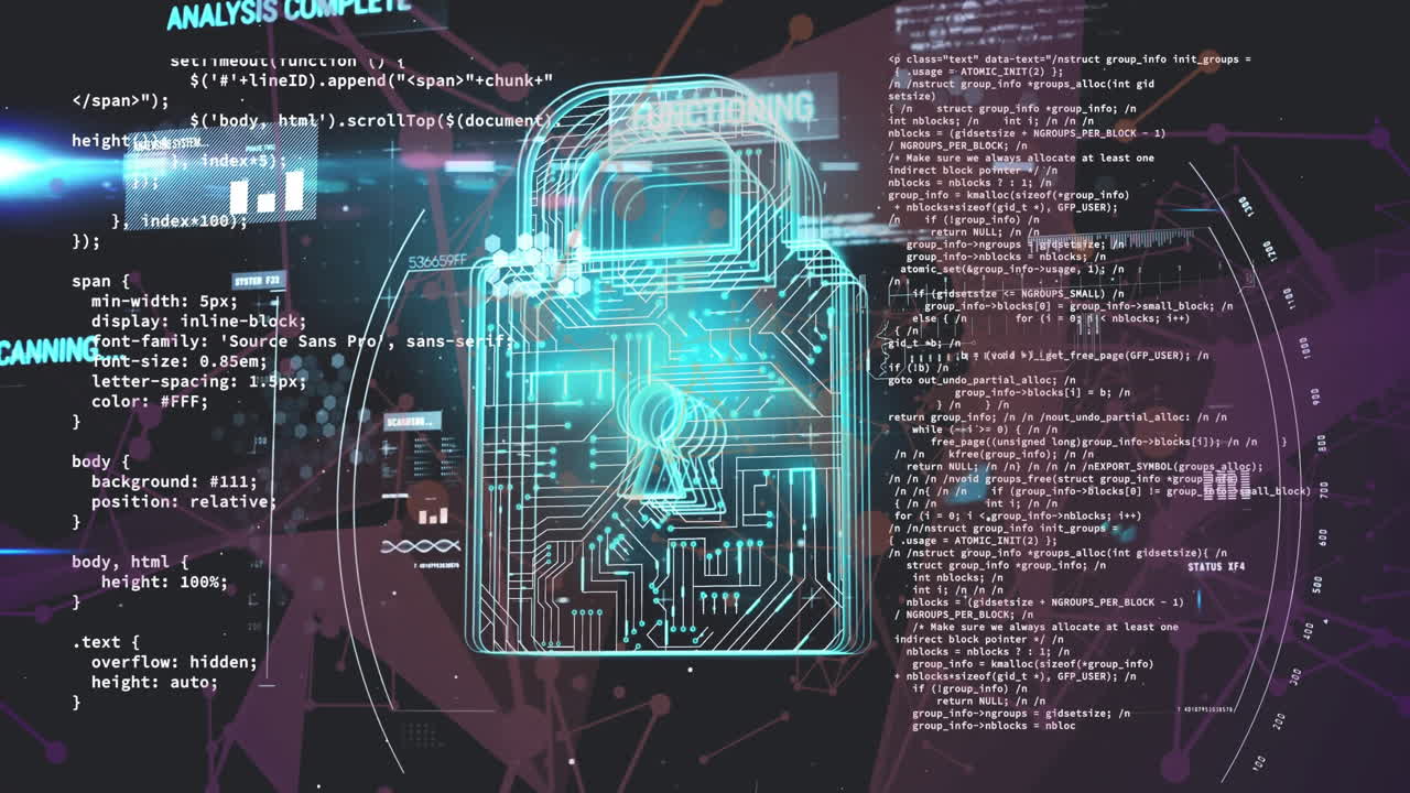Animation of padlock and data processing over circuit board