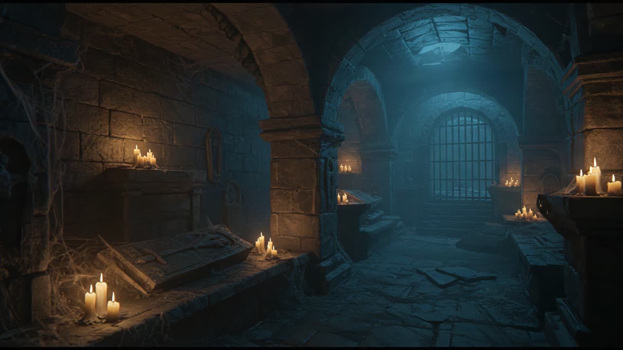 Mysterious Dimly Lit Dungeon with Flickering Candles and Cobwebs: An Intriguing Journey Through an Ancient, Abandoned Underground Chamber