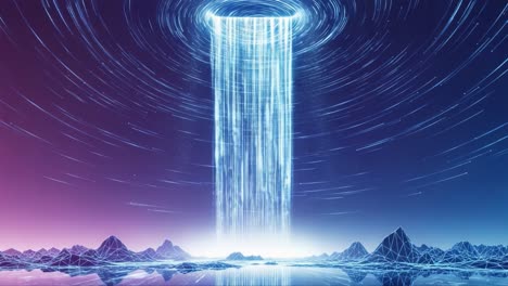 a stunning visual of a futuristic waterfall cascading from a celestial ring, surrounded by ethereal landscapes and vibrant colors in an enigmatic digital realm