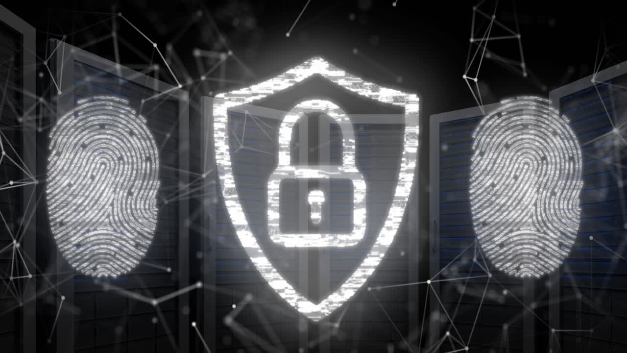 анимация отпечатков пальцев и замка в щите над соединенными точками против серверных стоек