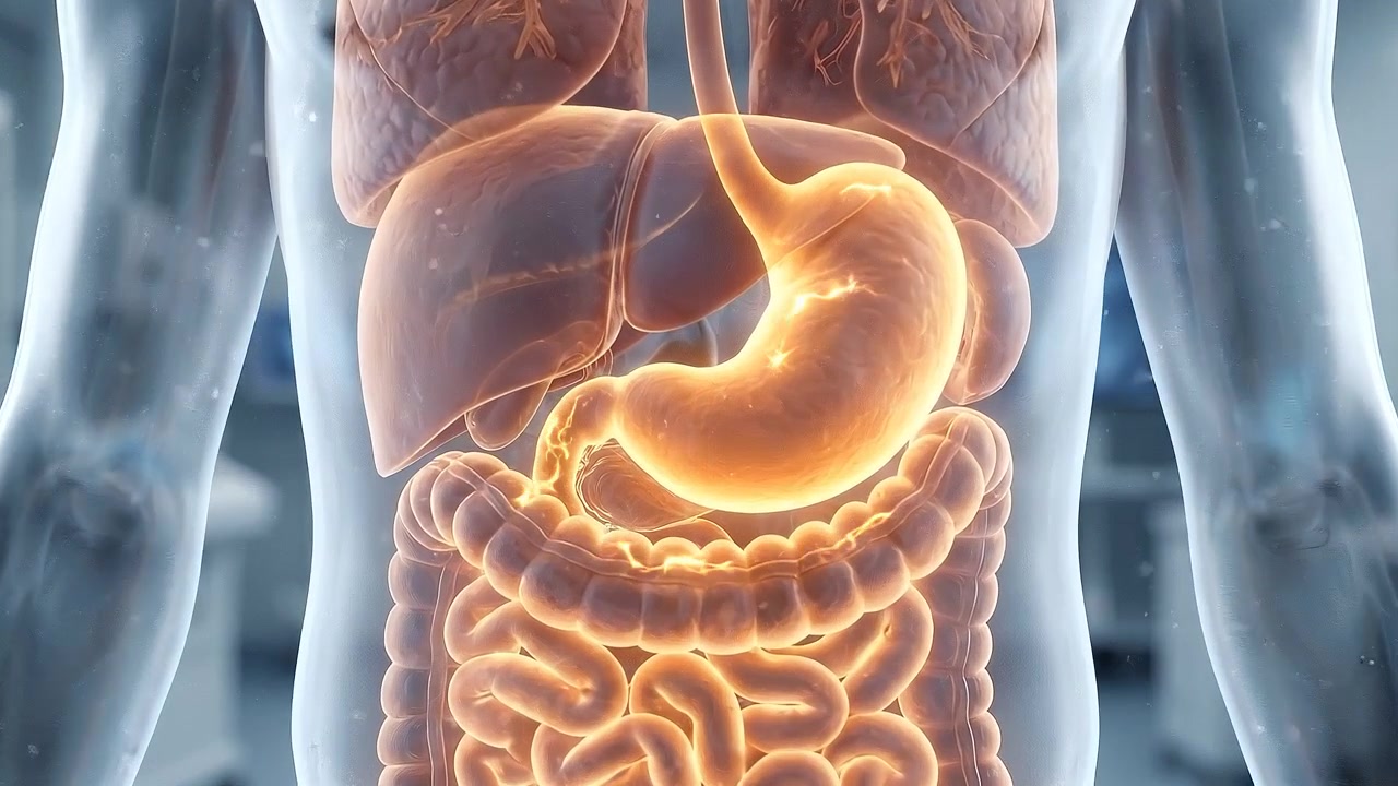 Animazione medica 3D del sistema digestivo umano e dello stomaco