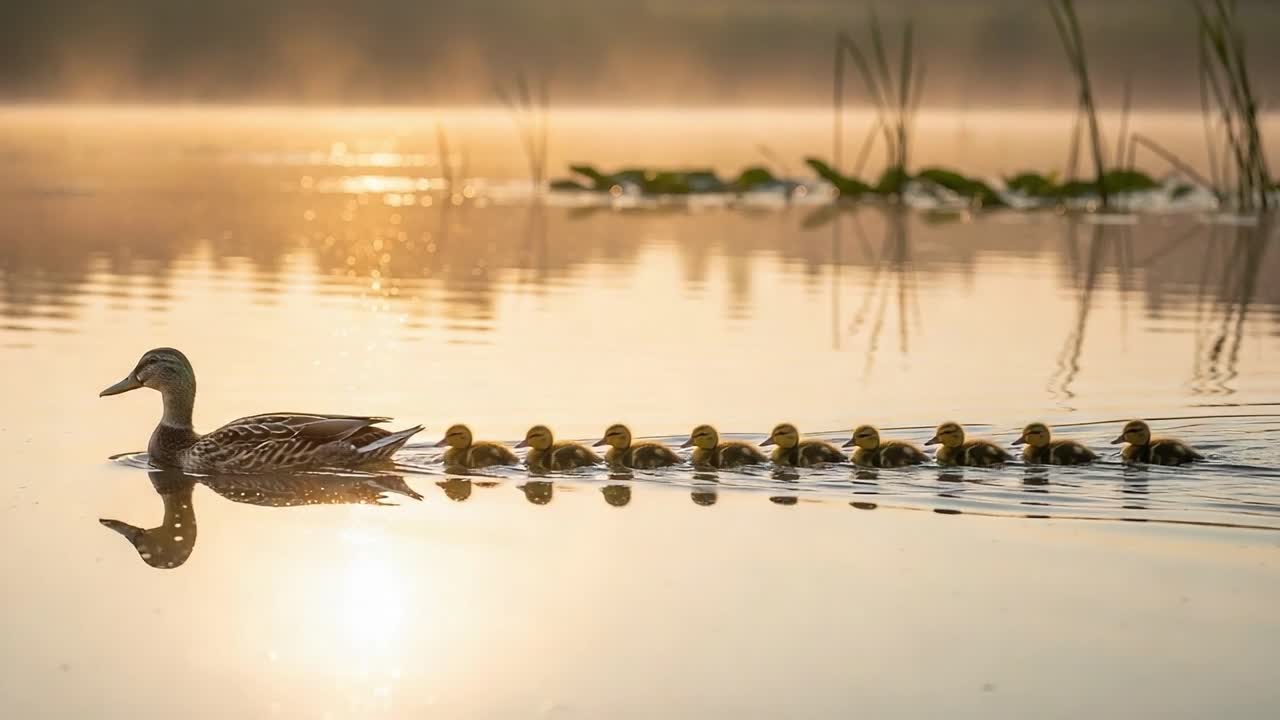 A Serene Scene of a Mother Duck Leading Her Ducklings Across a Tranquil Lake at Sunrise, Capturing the Beauty of Nature and Family Bonds in the Early Morning Light