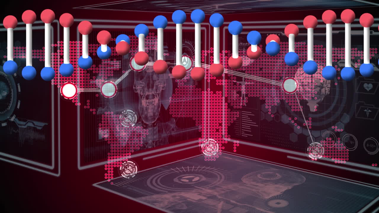 네트워크  ⁇ 은 세계 지도와 데이터 처리와의 인터페이스에서 회전하는 dna 가닥의 애니메이션
