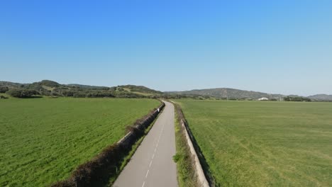 Aerial-reverse-dolly-above-rural-straight-country-road-between-farmland-field,-sunny-day