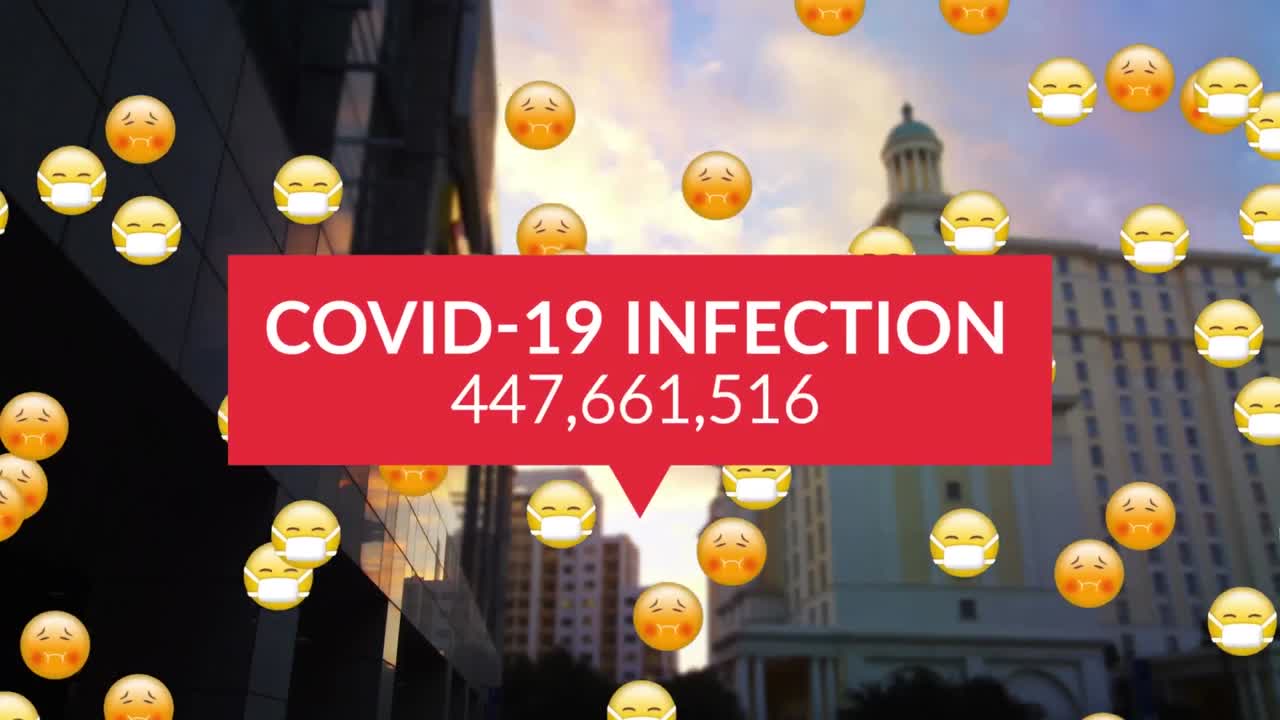 도시 풍경 위의 코로나 19 텍스트와 이모지 아이콘의 애니메이션