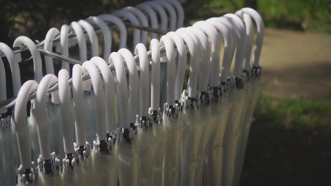 paraguas blancas en un sauce plegado colgar en el parque 02