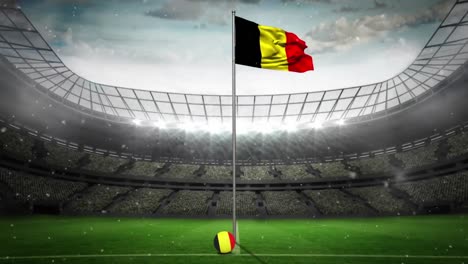 Animation-of-snow-falling-over-flag-of-belgium-and-cameras-flashing-in-sports-stadium