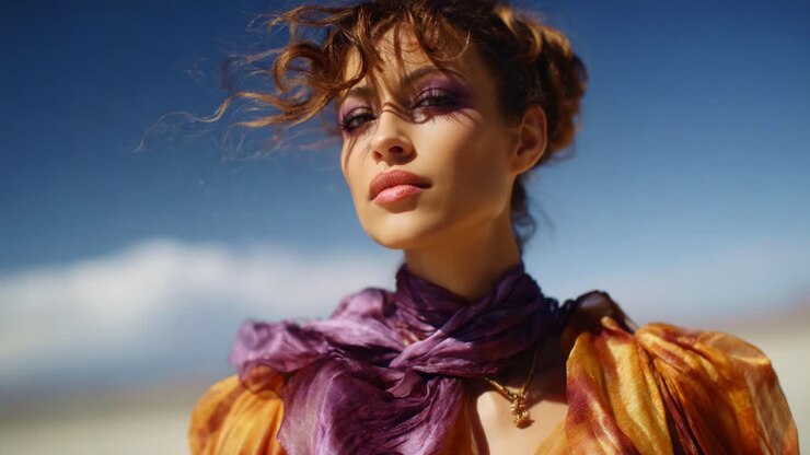 Betagende portræt af en glamourøs kvinde med flagrende hår og markant makeup mod en lys himmel, der udstråler elegance og selvtillid i et livligt outfit