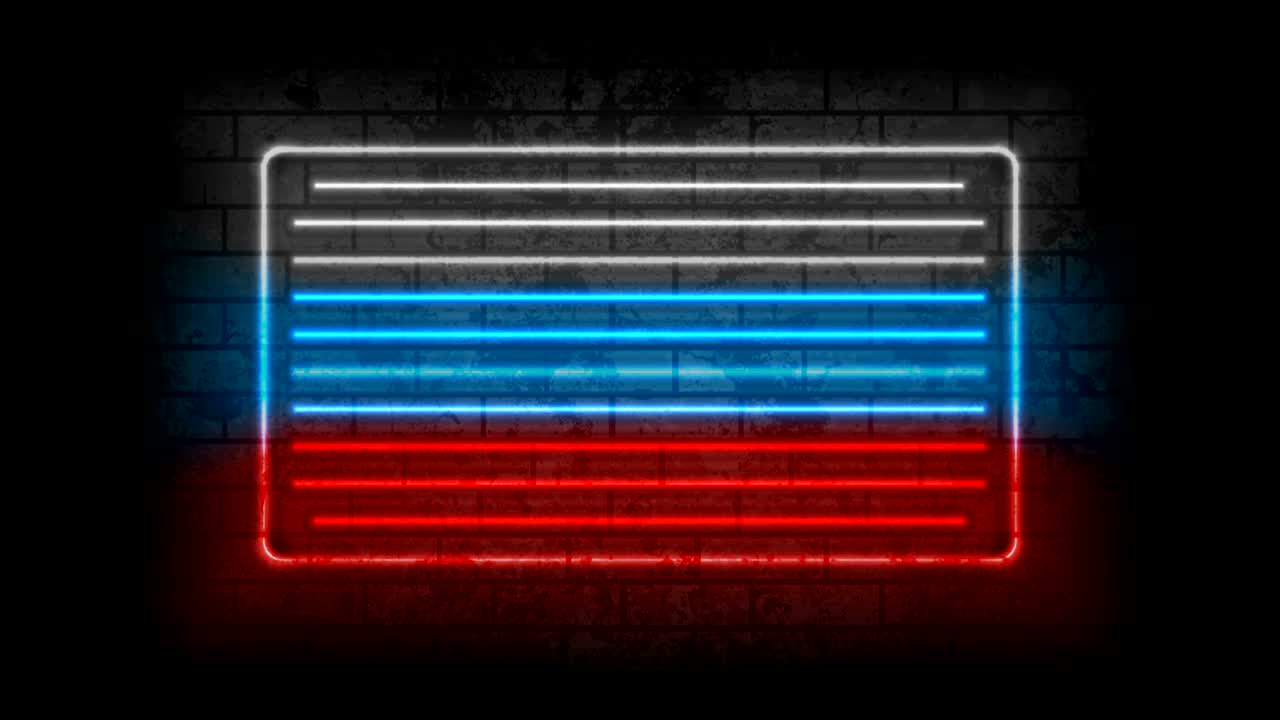 neón bandera tricolor rusa en el fondo del movimiento de pared de ladrillo