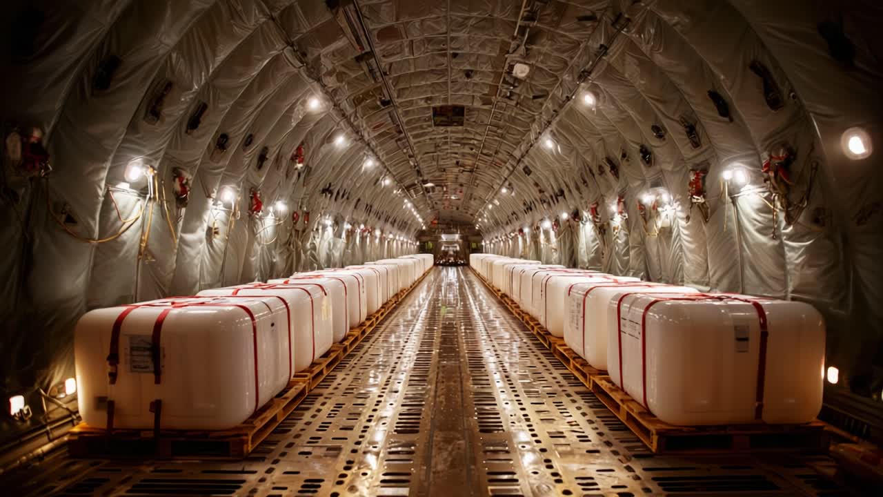 Aerial Transport Operations: Interior View of Cargo Plane Loaded with Large Containers, Showcasing Efficient Space Utilization and Strategic Logistics for Freight Delivery