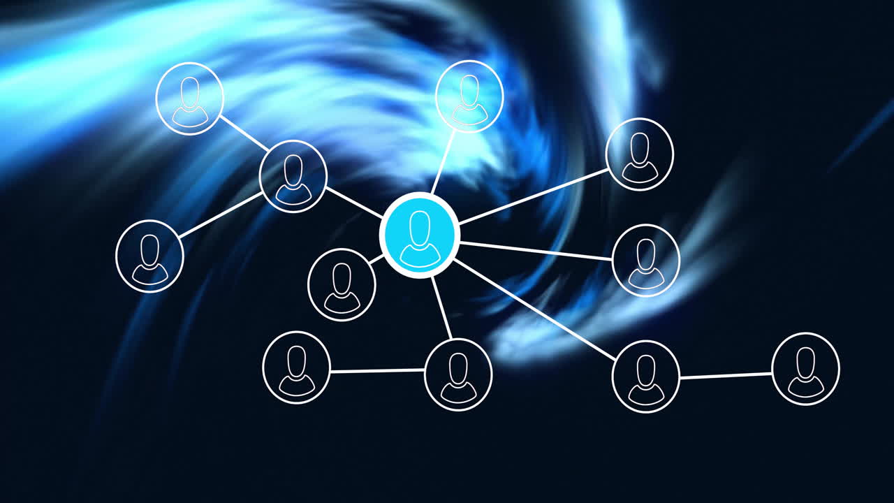 Animation of media icons over blue shapes