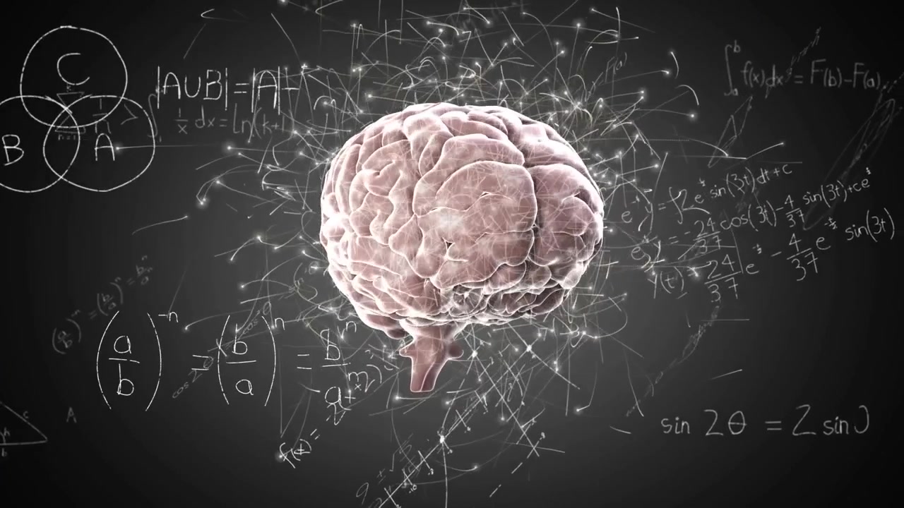 Otak Manusia Dikelilingi oleh Rumus Matematika Mengambang dan Partikel Cahaya Abstrak