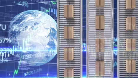 Animation-of-cardboard-boxes-lying-on-conveyor-belts-over-Earth-spinning-in-the-background
