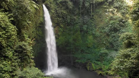 a drone descends below the jungle canopy surrounding the nungnung waterfall in bali, indonesia