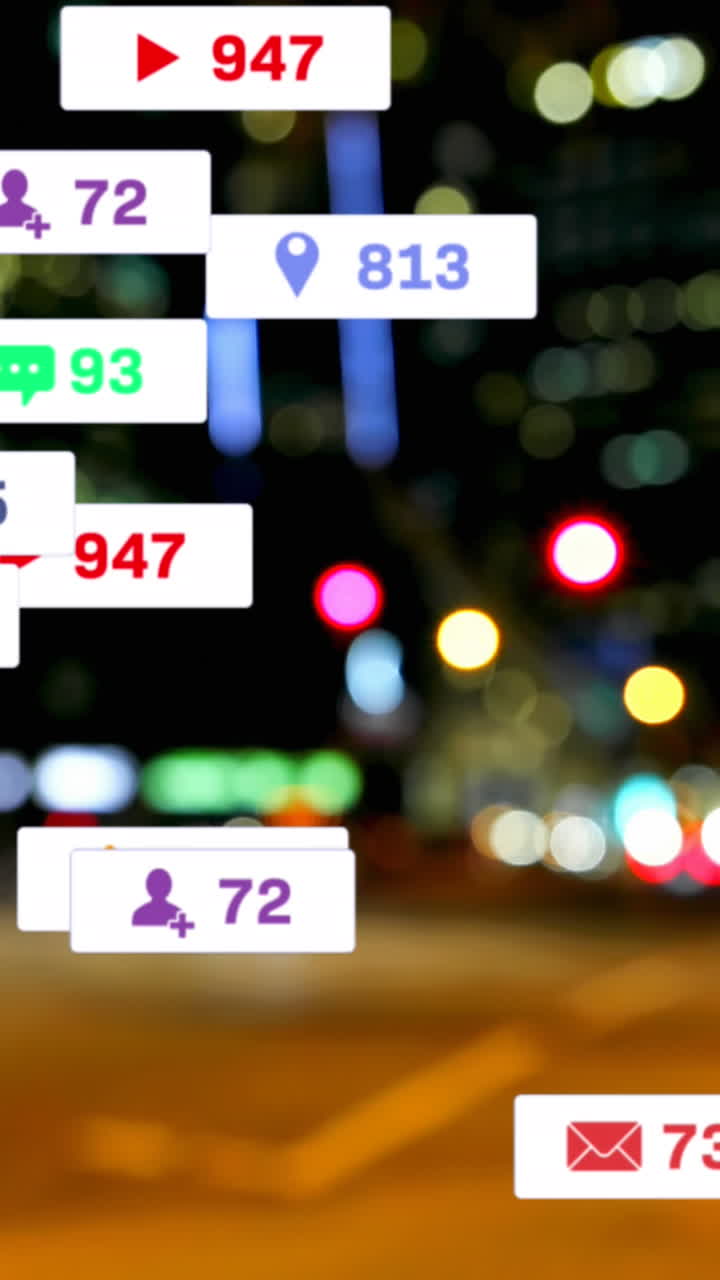 Animation of social media icons and numbers over road traffic and cityscape