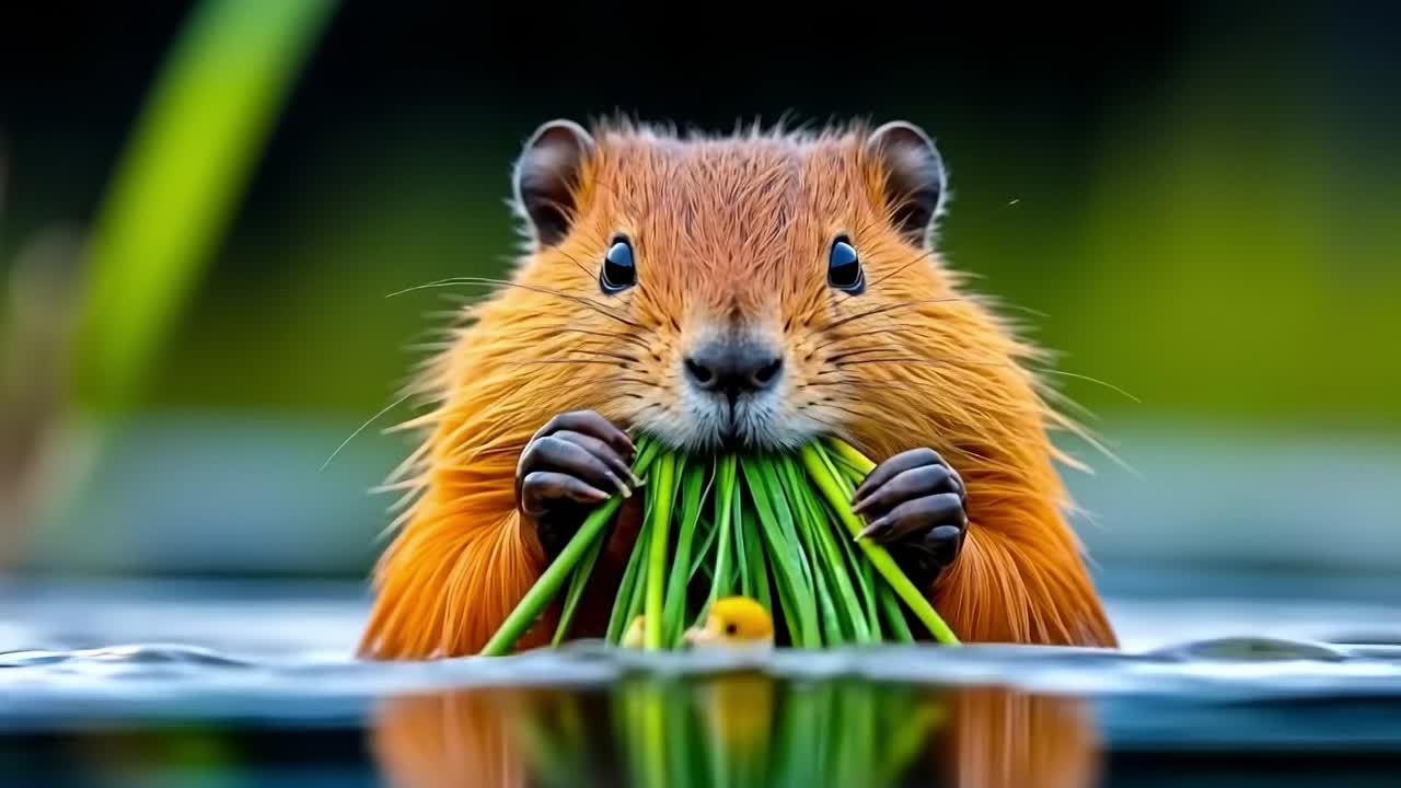 A beaver swimming in a body of water with its head above the water