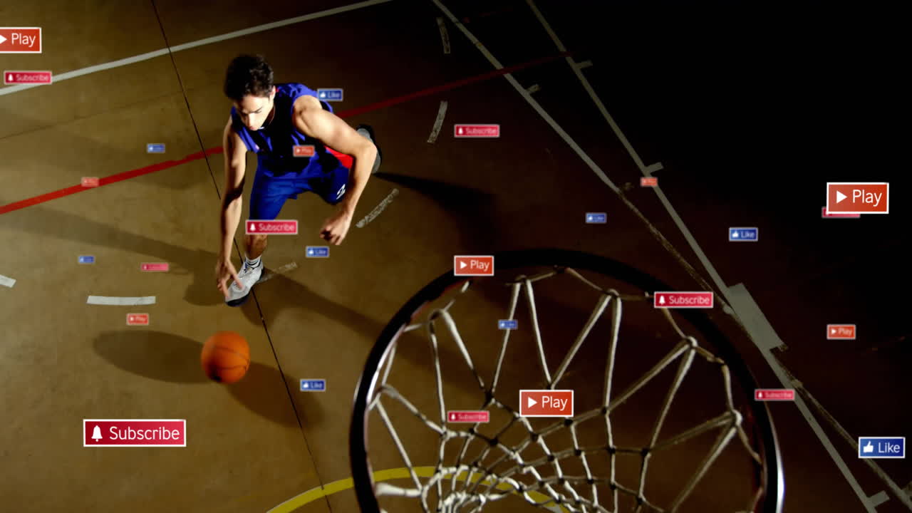 Dribbling basketball on court, player with animation of play and subscribe buttons