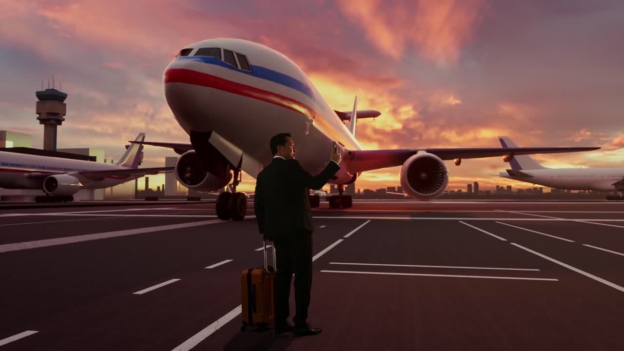 Uomo d'affari asiatico che saluta con la mano durante una videochiamata su smartphone con aereo in fase di imbarco al tramonto