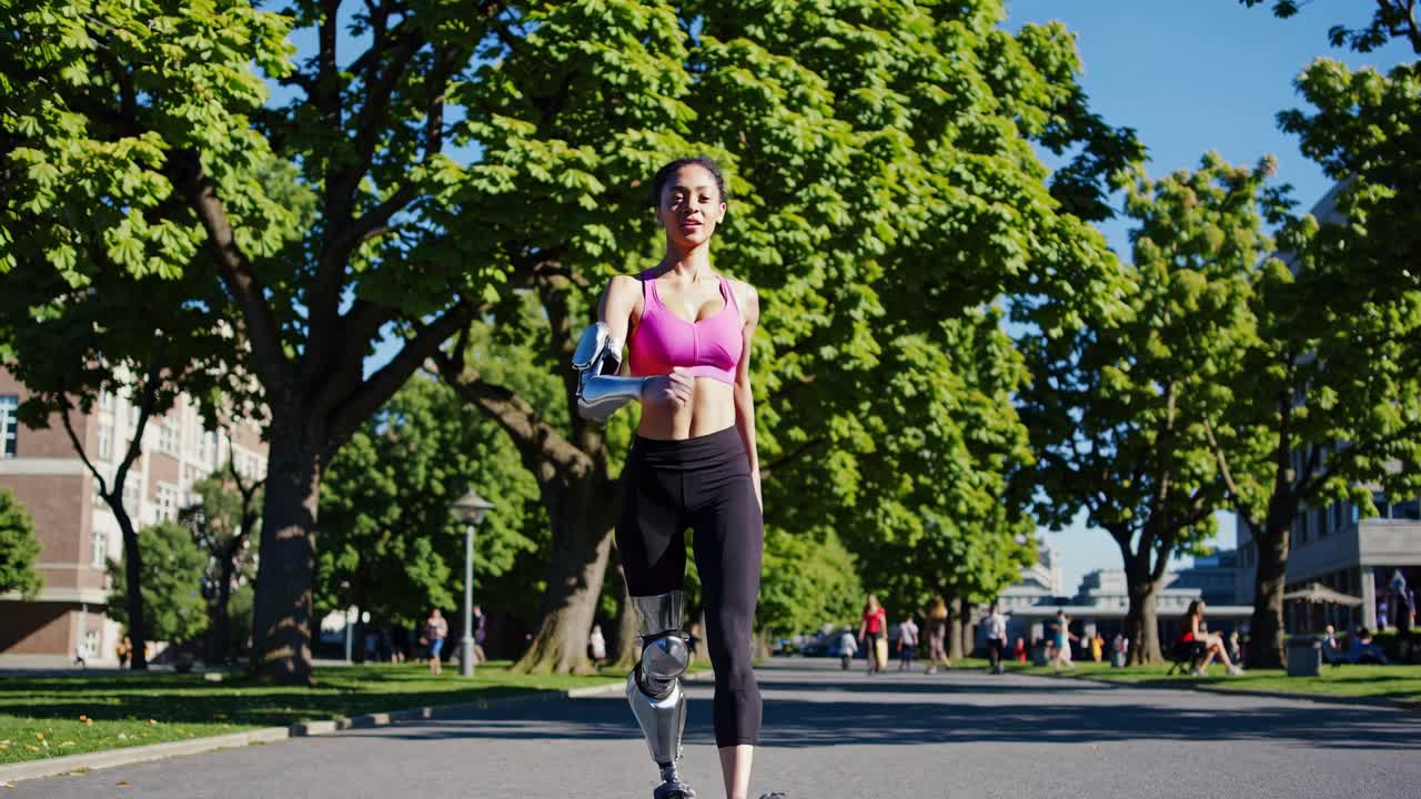 Woman with Prosthetic Limbs Running in Park
