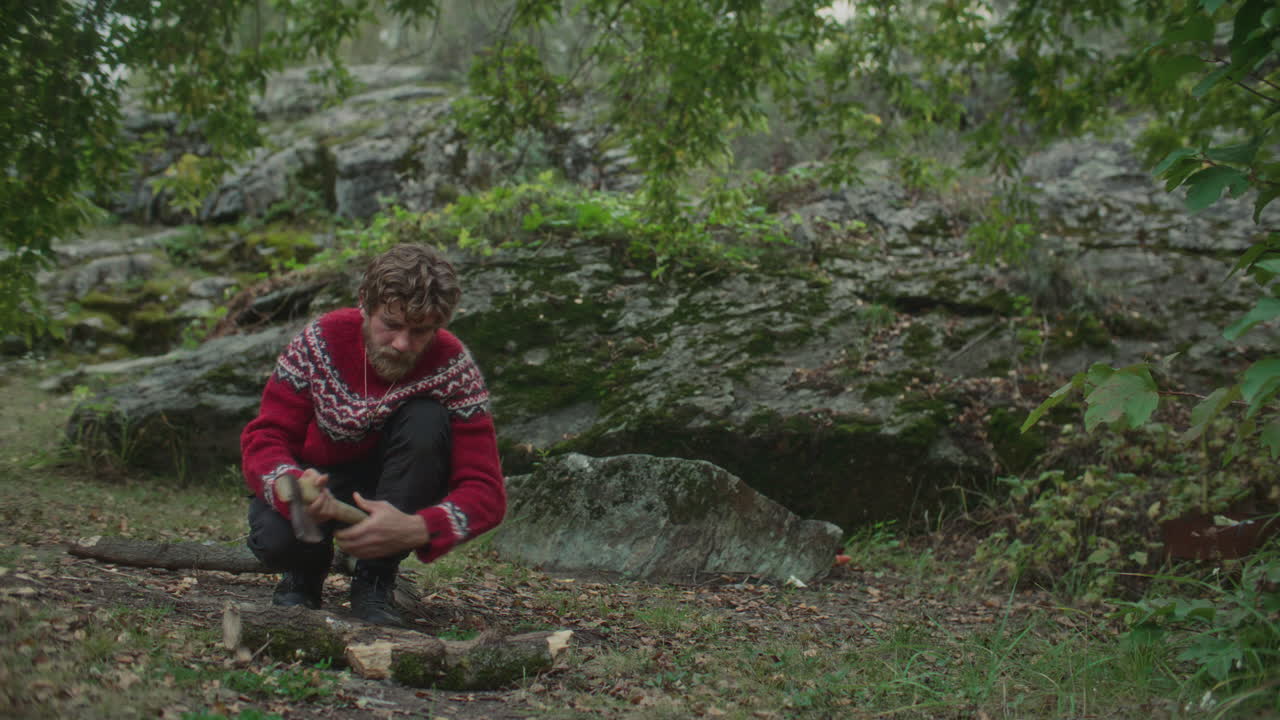 Man Splitting Log with Axe and Carrying Chopped Firewood through Forest