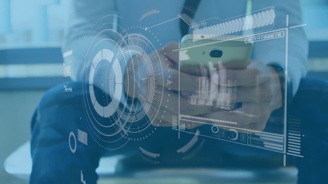 Holding smartphone, person with digital interface animation over hands
