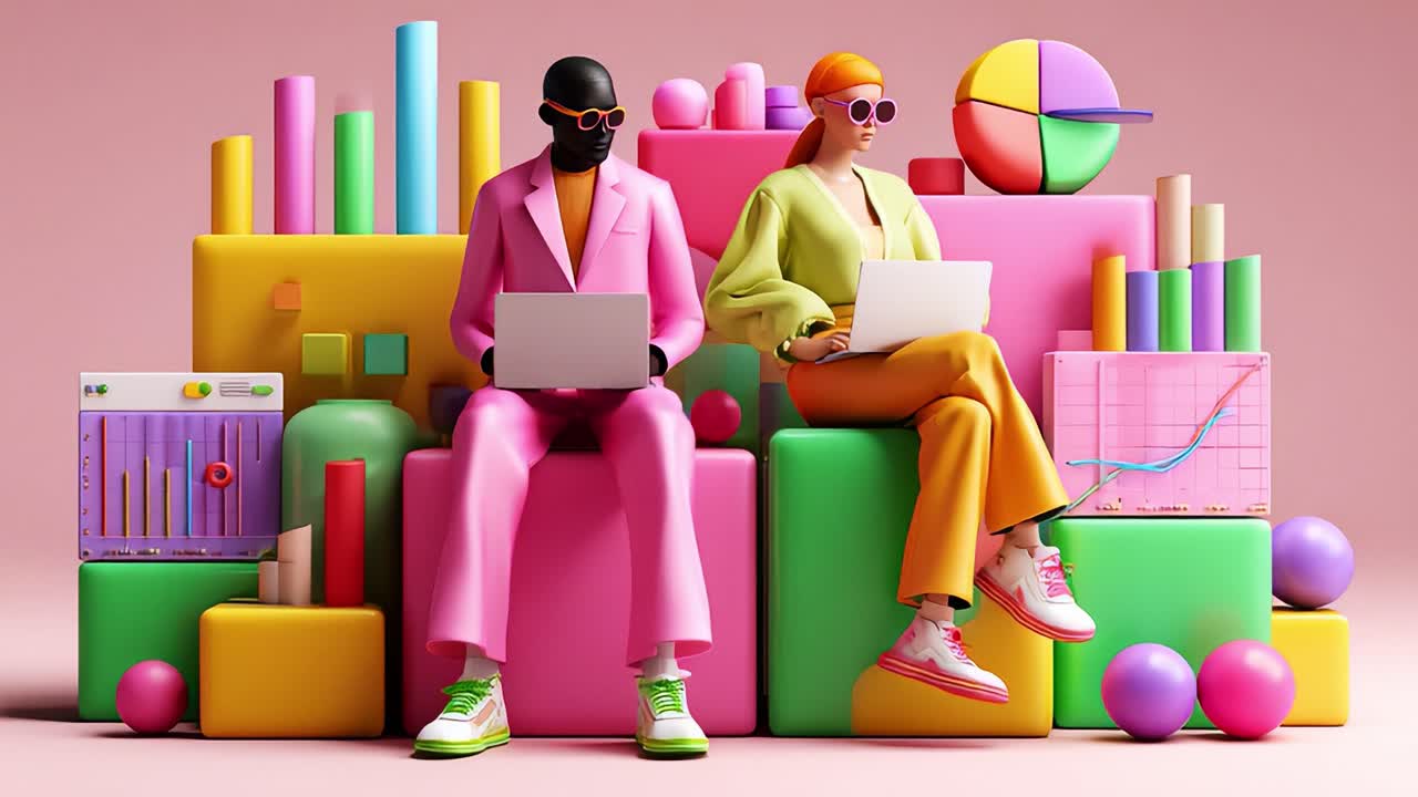 Colorful Abstract Workspace Featuring Stylized Characters Engaged in Laptop Work Amidst 3D Geometric Shapes and Data Visualization Elements Representing Modern Digital Trends