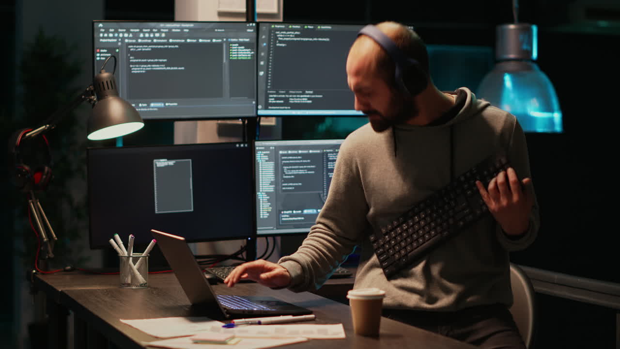Man playing keyboard like guitar while coding